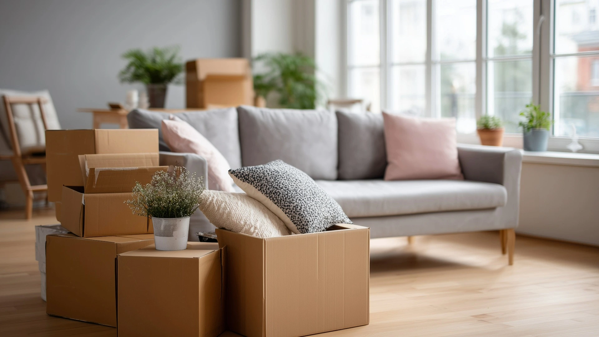 Neatly arranged moving boxes and organized home setup
