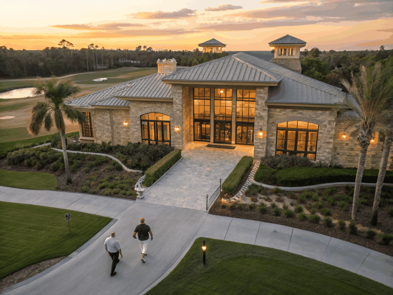 Private club community landscape with palm trees and modern golf villas