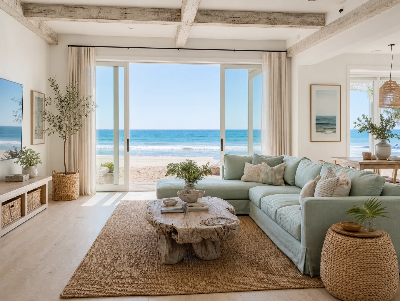Organized, sunlit coastal living room in Pompano Beach