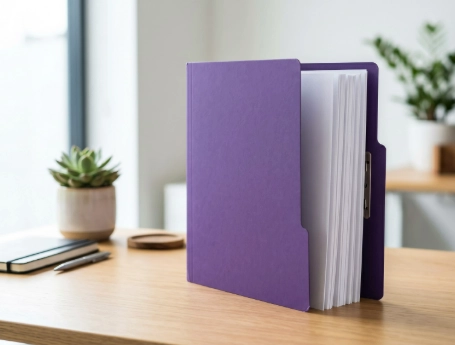 Organized modern commercial office workspace with tidy desk and filing systems